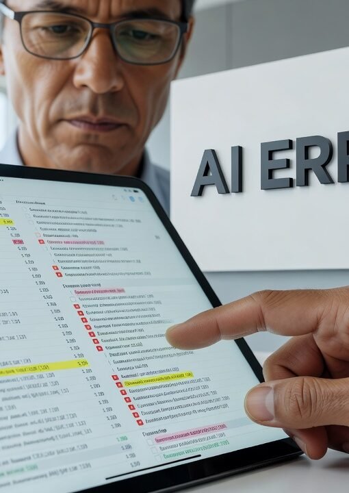 person reviewing AI-generated content on laptop screen with skeptical expression