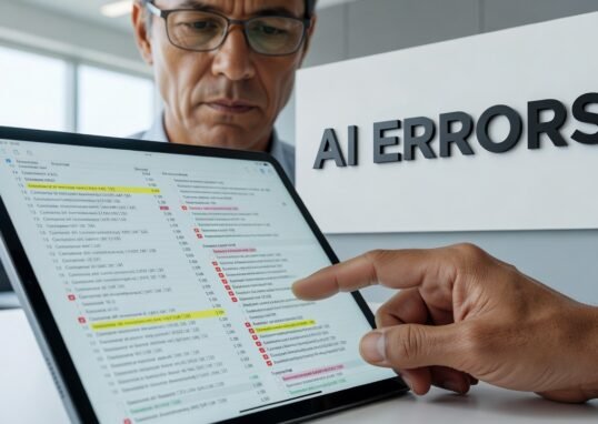 person reviewing AI-generated content on laptop screen with skeptical expression