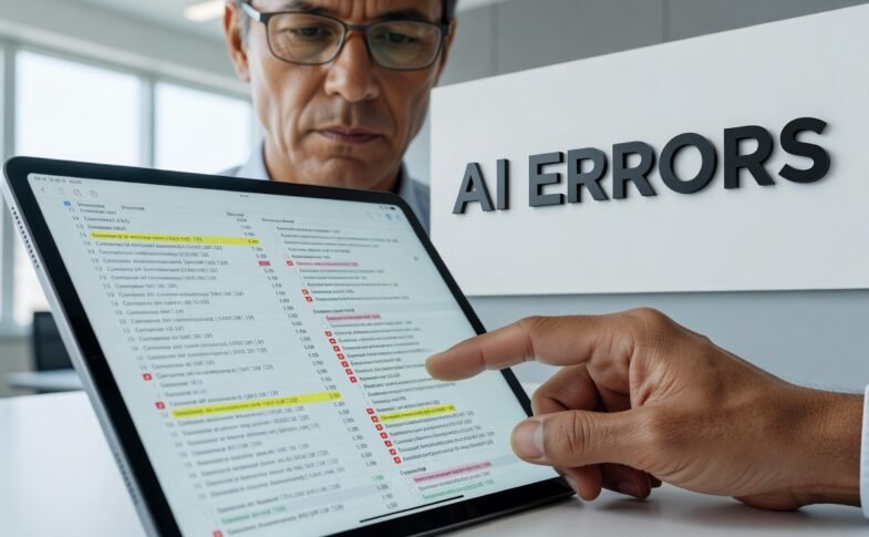 person reviewing AI-generated content on laptop screen with skeptical expression
