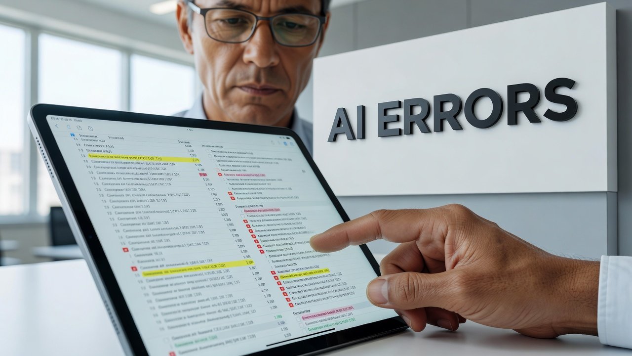person reviewing AI-generated content on laptop screen with skeptical expression